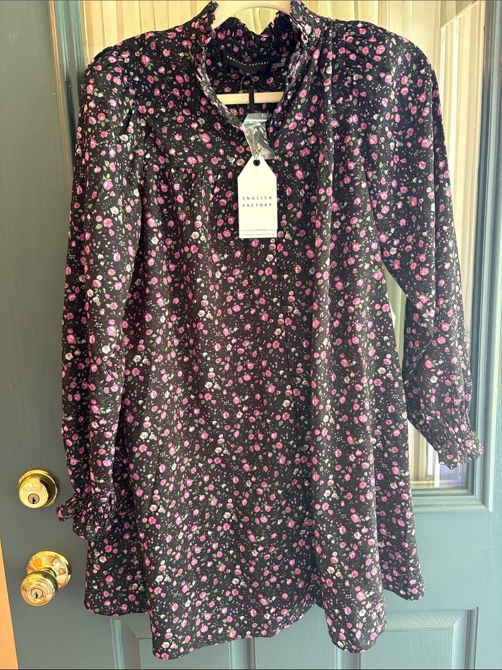 English Factory Black Tunic with Pink Floral Print